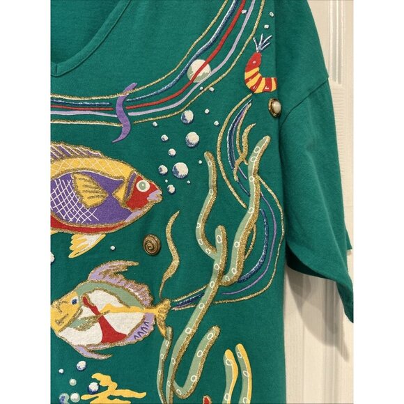 Vtg Copa Cabana Womens T shirt L Green Fish Underwater Treasure 80s Embellished - Picture 5 of 11